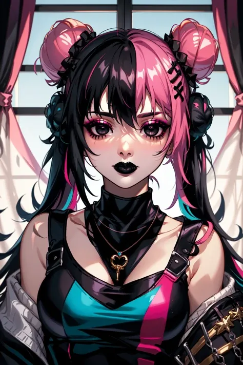 Holo-Punk Style, 1girl, black eyes, black hair, black lips, cone hair bun, twin tails, curtains, double bun, hair bun, jewelry, lipstick, long hair, makeup, multicolored hair, necklace, pink hair, solo, upper body, <lora:HoloPunk:0.8>