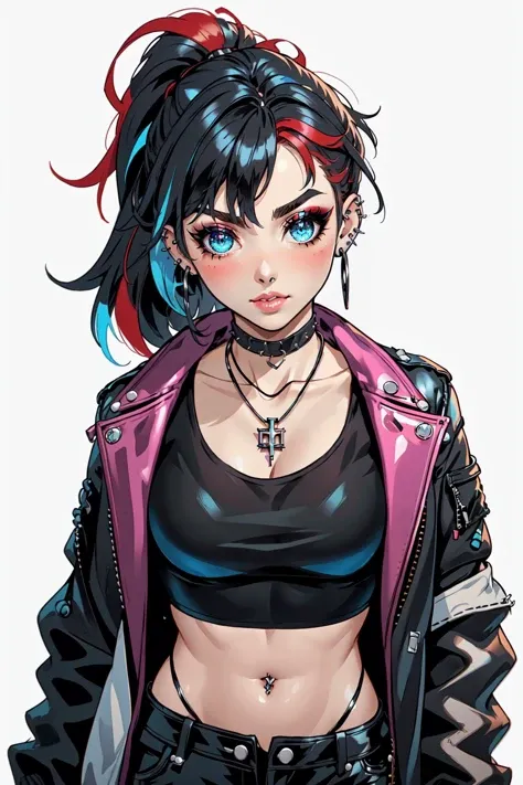 Holo-Punk Style, 1girl, black choker, black hair, black jacket, blue eyes, blush, choker, crop top, ear piercing, earrings, hoop earrings, jacket, jewelry, leather, leather jacket, lips, long hair, looking at viewer, makeup, midriff, multicolored hair, navel, necklace, open clothes, open jacket, piercing, ponytail, red hair, simple background, solo, two-tone hair, upper body, white background <lora:HoloPunk:0.8>