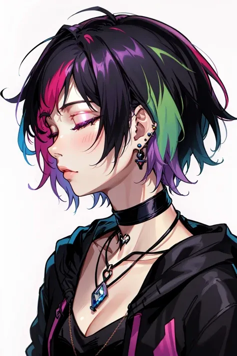 Holo-Punk Style, 1girl, black background, earrings, half-closed eyes, jewelry, multicolored hair, necklace, pink hair, portrait, profile, purple hair, red hair, short hair, simple background, solo, <lora:HoloPunk:0.8>