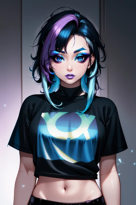 <lora:HoloPunk:1> Holo-Punk Style, 1girl, black shirt, blue hair, eyeshadow, lips, long hair, looking at viewer, makeup, multicolored hair, purple hair, shirt, solo, two-tone hair, upper body