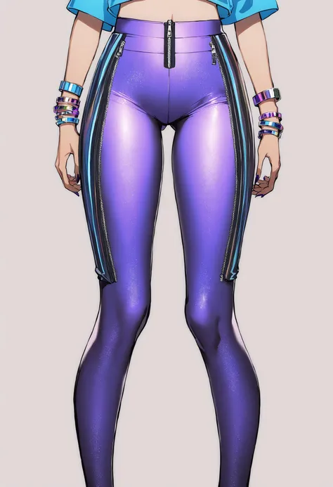 1girl, afro, arms at sides, blonde hair, blue hair, bracelet, double bun, grey background, holo-punk style, horns, jewelry, lips, lipstick, long hair, lower body, makeup, pantyhose, profile, purple lips, shirt, short hair, simple background, solo, swimsuit, zipper, <lora:HoloPunkXL:1>