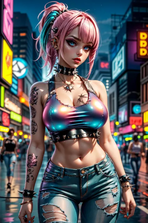(ultra realistic,32k, masterpiece:1.2),(high detailed skin:1.1),( high quality:1.1),
1girl, pink hair, ponytail hair, bangs,(aqua eyes:0.9),(red lips:0.8), makeup, mascara,<lora:HoloPunk:0.7>Holo-Punk Style, tattoo, punk spiked spikes  Seamless High Waist Control Shapewear Shorts, (tattered torn clothing:1.1),,(looking at viewer, standing,:1.1),, (huge breast:1.1),<lora:add_detail:0.77>,
(volumetric lighting:1.1), holographic advertising plaza, immersive holographic advertisements, interactive brand experiences, sensory overload blurry background,