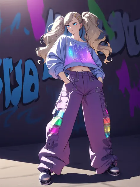masterpiece,best quality,Perfect features,intricate details,Ray Tracing,ultra resolution image,Holo-Punk Style,
1girl,solo,dsann,blonde hair,long hair,twintails,swept bangs,blue eyes,hairclip,
street hip hop style clothes,oversize pants,
Street graffiti background,graffiti background,
dynamic angle,cinematic lighting,glitter aesthetic,
<lora:neg4all_bdsqlsz_xl_V7:1>,<lora:dsann_a3b:0.8>,<lora:aesthetic_anime_v1s:0.5:lbw=ALL:start=15>,<lora:DetailedEyes_V3:1>,<lora:ClearHand-V2:1:lbw=all:stop=15>,<lora:HoloPunkXL:1>,