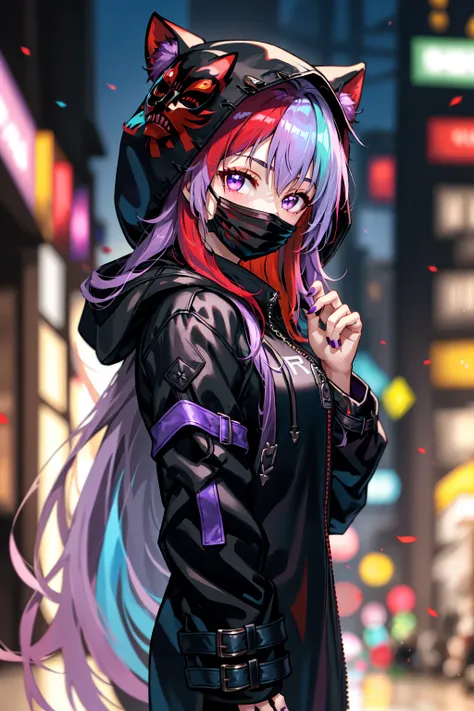 Holo-Punk Style, 1girl, black coat, blurry, blurry background, coat, hood, hood up, long hair, long sleeves, looking at viewer, mask, mouth mask, multicolored hair, nail polish, outdoors, purple hair, purple nails, red hair, solo, very long hair, zipper <lora:HoloPunk:0.8>