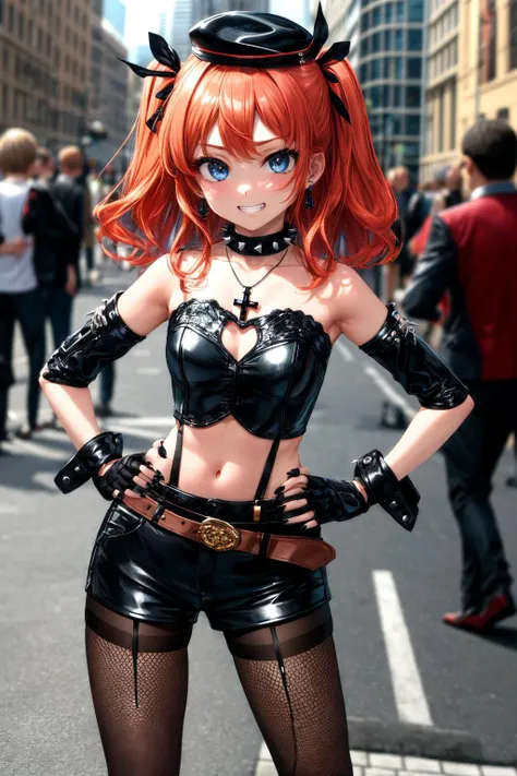 (masterpiece), best quality, (((ultra detailed, 8k quality))), expressive eyes, perfect face, perfect anatomy, perfect body, scene, <lora:scene_:0.7>, <lora:more_details:0.7>, <lora:beautiful_detailed_eyes:0.5>, <lora:give_it_a_name:0.7>,
<lora:HighSchoolFleet_YanagiwaraMaron:0.8>, YanagiwaraMaron, 1girl, grin, orange hair, blue eyes, two side up, hair ribbon, wavy hair,
gloves, pants, dress, elbow gloves, veil, jewelry, thighhighs, hat, high heels, gothic, necklace, fishnets, skirt, spikes, spiked collar, cross, torn clothes, earrings, collar, shoulder cutout, cross necklace, fingerless gloves, pantyhose, belt, choker, black nails, fishnet pantyhose, black lips, makeup, piercing, miniskirt, detached sleeves, crop top, corset, shorts, garter straps, eyeshadow, nail polish, hand on hips, outdoor, street
