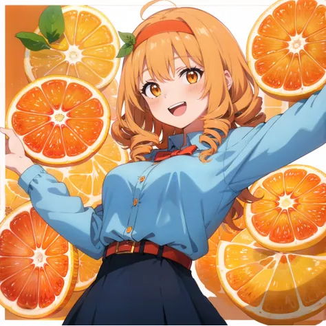 best quality, (anime screencap, anime coloring,:1.1)
(orange slice, vivid_fruits, :1.3), colorful,
1girl, solo,
(cowboy shot:1.1), (upper body:1.1),
white background, simple background,  (white border:1.2),  ,
(mature female ,madame,:1.2),
:d
1girl, orange nails, solo, orange hair, smile, hair ornament, long hair, orange (fruit), belt, looking at viewer, orange eyes, shirt, drill hair, breasts, food, food-themed hair ornament, fruit, hairband, blush, bangs, long sleeves, closed mouth,
BREAK, indigo blue shirt,  , upper body,buttons, skirt,
(arm behind :1.2),