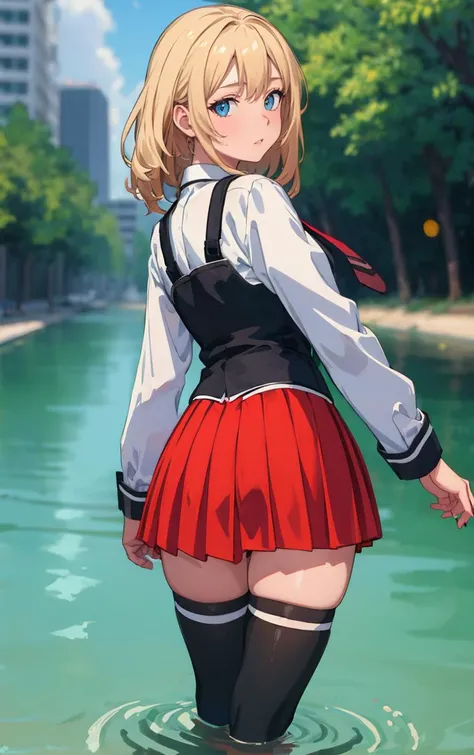 ((masterpiece, best quality)), insaneres, absurdres, solo, outdoors,
CLOTHING_BibleBlack_SchoolDress_ownwaifu,
1girl, blonde hair, long hair, blue eyes,
black vest, red skirt, white shirt, collared shirt, suspenders, school uniform, black thighhighs, zettai ryouiki, necktie, long sleeves, pleated skirt, red necktie,
(wading, looking back), water,<lora:CLOTHING_BibleBlack_SchoolDress_ownwaifu:0.75>,
lens flare, depth of field, bokeh, embers, vanishing point, looking at viewer,