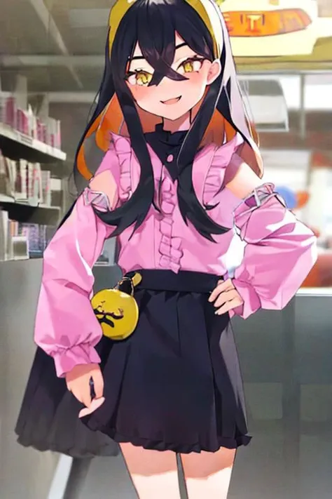 <lora:carmine:0.7>, carmine, 1girl, solo, long hair, looking at viewer, blush, smile, open mouth, bangs, black hair, long sleeves, hair between eyes, yellow eyes, upper body, multicolored hair, fang, orange hair, mole, blurry, two-tone hair, hand on hip, mole under eye, blurry background, holding hair, jiraikei fashion ,black skirt<lora:jiraikei-fashion:1>,(pink shirt:1.3),frilled shirt,