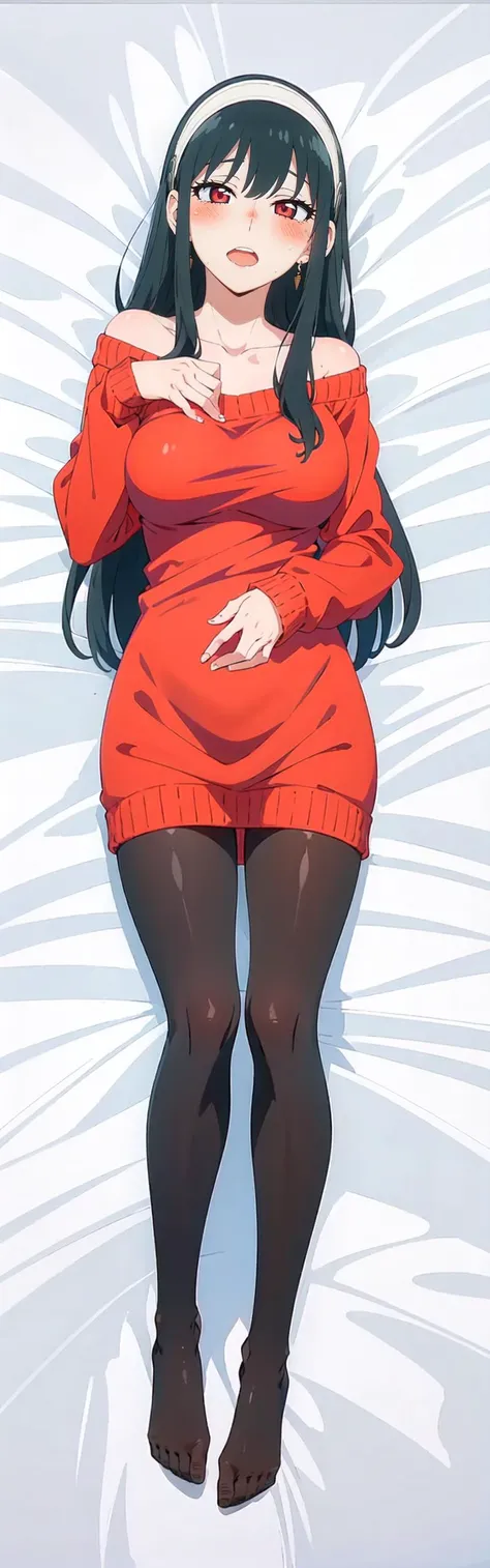 (masterpiece, best quality), (illustration) , (beautiful detailed eyes) ,anime screencap , official art , highres ,
<lora:yorforger:0.7> ,
YorForger ,1girl, solo, large breasts , side locks ,
jewelry , sweater dress, red sweater, collarbone, bare shoulders, off shoulder, black pantyhose ,
barefoot ,
<lora:boldline:-0.9> ,
(smile:0.8),(blush:1.0), (cry:0.95), (half closed eyes open:1.05) , (open mouth:0.75) , (tongue out:0.5) , (saliva:0.75), (wet:0.8) ,
(dakimakura:0.6) , girl lying on back , looking up at viewer,