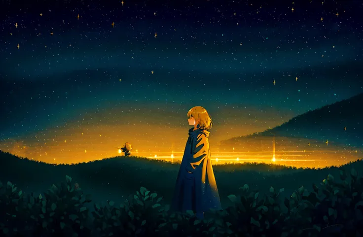 1girl, night, landscape, forest, star sky, golden dark blue gradient, <lora:Atmosphere-LoRa:1>