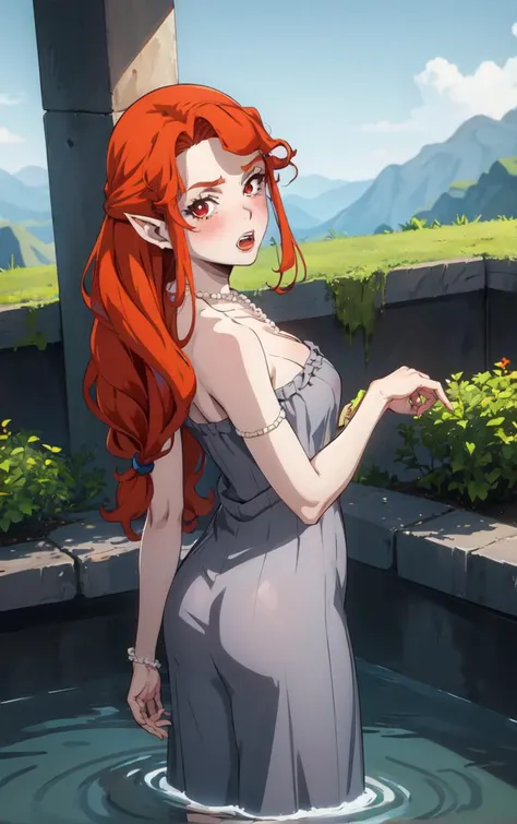 ((masterpiece, best quality)), insaneres, absurdres, solo, looking at viewer,
NightGown_Lenore_ownwaifu,
1girl, long hair, red hair, red eyes, pointy ears, blush, breasts, cleavage, lips, red lips, collarbone, fangs, lipstick, makeup, vampire, braid, floating hair,
jewelry, necklace, pearl necklace, armlet, grey dress, bare shoulders,
(wading, ass support), waterfall, <lora:CARTOON_Castlevania_Lenore_ownwaifu:0.75>,
depth of field, vanishing point, garden, sidelighting,