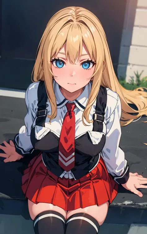 ((masterpiece, best quality)), insaneres, absurdres, solo, outdoors,
CLOTHING_BibleBlack_SchoolDress_ownwaifu,
1girl, blonde hair, long hair, blue eyes,
black vest, red skirt, white shirt, collared shirt, suspenders, school uniform, black thighhighs, zettai ryouiki, necktie, long sleeves, pleated skirt, red necktie,
(from above, sitting)<lora:CLOTHING_BibleBlack_SchoolDress_ownwaifu:0.9>,
lens flare, depth of field, bokeh, embers, vanishing point, looking at viewer,