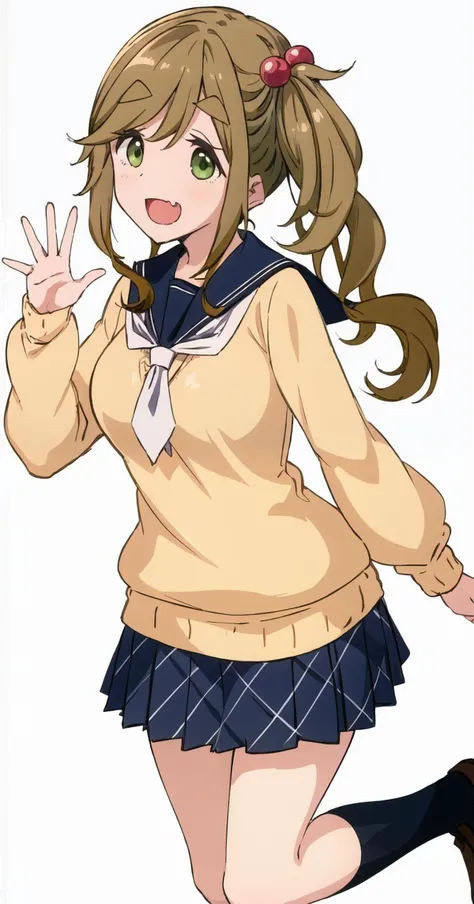 best quality,
anime coloring, ,
, looking at viewer, , (full body,:1.1) , waving arms, :d
(mature female,:1.2) solo, 1girl,
inuyama_aoi, yurucamp, mediam_hair, breasts, bangs, brown_hair, hair_ornament,, side_ponytail, swept_bangs, thick_eyebrows, hair_bobbles, skin_fang, green eyes , fang, sailor_collar,, sweater, , motosu school uniform, yellow sweater, , , checkered
pleated skirt, checkered clothes, white_neckerchief,
:d, smile, thighs,
<lora:main_lora_yurucamp_inuyama_aoi_v3_pagedAdamW8bit_d64a32_NP5-000010:1:lbw=0,0,1,1,0,0,0,0,1,1,1,1,0,0,0,0,0>
xxx, ( isolated on white background:1.4),