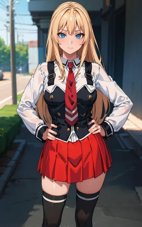 ((masterpiece, best quality)), insaneres, absurdres, solo, outdoors,
CLOTHING_BibleBlack_SchoolDress_ownwaifu,
1girl, blonde hair, long hair, blue eyes,
black vest, red skirt, white shirt, collared shirt, suspenders, school uniform, black thighhighs, zettai ryouiki, necktie, long sleeves, pleated skirt, red necktie,
(contrapposto, hand on hip)<lora:CLOTHING_BibleBlack_SchoolDress_ownwaifu:1>,
lens flare, depth of field, bokeh, embers, vanishing point, looking at viewer,