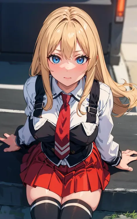 ((masterpiece, best quality)), insaneres, absurdres, solo, outdoors,
CLOTHING_BibleBlack_SchoolDress_ownwaifu,
1girl, blonde hair, long hair, blue eyes,
black vest, red skirt, white shirt, collared shirt, suspenders, school uniform, black thighhighs, zettai ryouiki, necktie, long sleeves, pleated skirt, red necktie,
(from above, sitting)<lora:CLOTHING_BibleBlack_SchoolDress_ownwaifu:0.9>,
lens flare, depth of field, bokeh, embers, vanishing point, looking at viewer,