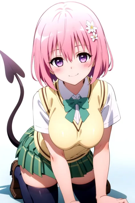 1girl, solo, masterpiece, best quality, 
<lora:momo-loveru-01:0.8>,
to love-ru, to love-ru darkness, momo velia deviluke, momo belia deviluke, purple eyes, pink hair, short hair, bob cut, hair between eyes, hair ornament, hair flower, school uniform, shirt, white shirt, collared shirt, bowtie, green bowtie, sweater vest, yellow sweater vest, short sleeves, skindentation, large breasts, tail, demon tail, skirt, green skirt, pleated skirt, plaid skirt, thighhighs, black thighhighs, loafers,
all fours, looking at viewer, breasts,
blush, smile, half-closed eyes,
simple background, white background