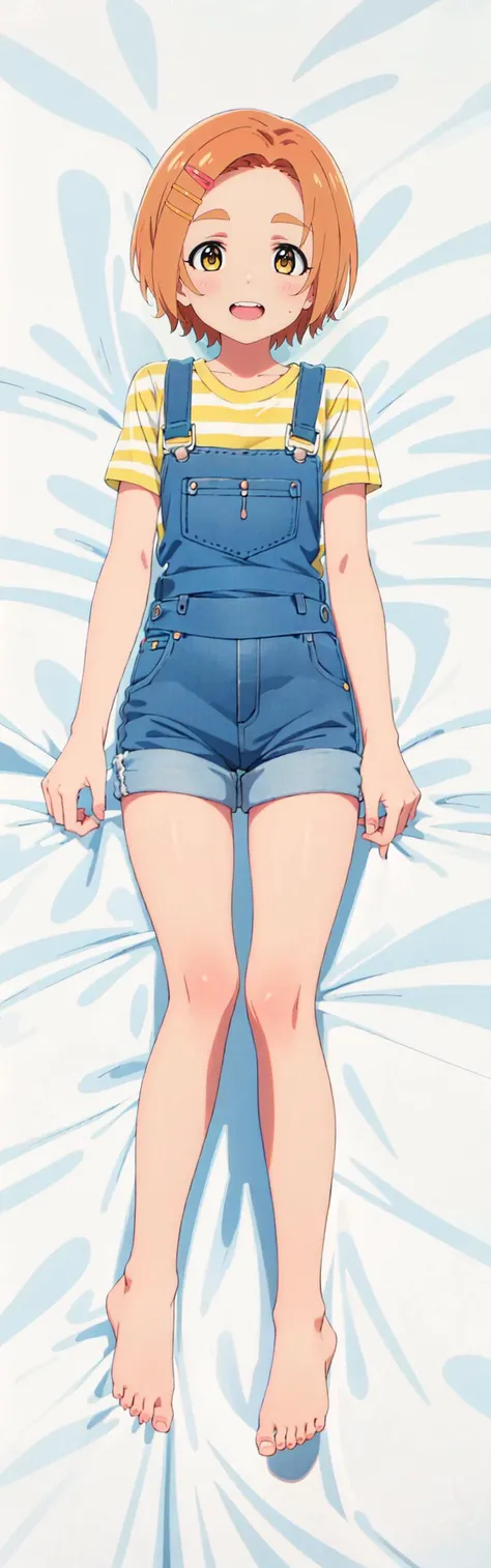 (masterpiece, best quality), (illustration) , (beautiful detailed eyes) ,anime screencap , official art , highres ,
<lora:ryuzaki_kaoru_theidolmastercinderellagirlsu149:0.8> ,
ryuzaki_kaoru_theidolmastercinderellagirlsu149 , 1girl, solo, short_hair, hair_ornament, hairclip, orange_hair, brown_hair, yellow_eyes,
overalls, sunflower_hair_ornament, outdoors, teeth, thick_eyebrows ,
barefoot ,
<lora:boldline:-0.9> ,
(smile:0.9),(blush:0.5), (opened mouth:0.75) ,
(dakimakura:0.6) , girl lying on back , looking up at viewer,