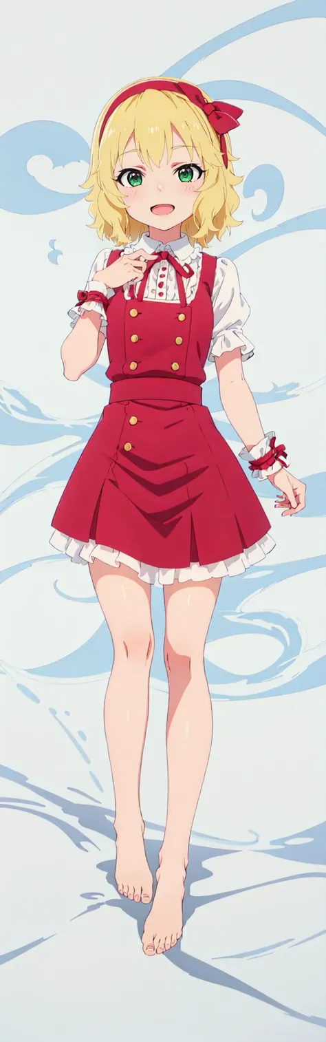 (masterpiece, best quality), (illustration) , (beautiful detailed eyes) ,anime screencap , official art , highres ,
<lora:sakurai_momoka_theidolmastercinderellagirlsu149:0.75> ,
sakurai_momoka_theidolmastercinderellagirlsu149 , 1girl, solo, blonde_hair, hairband, short_hair, green_eyes, bangs, bow, open_mouth, wavy_hair ,
ribbon, frills, hair_bow, neck_ribbon, shirt, white_shirt, red_ribbon, short_sleeves, vest,
barefoot ,
<lora:boldline:-0.9> ,
(smile:0.9),(blush:0.5), (opened mouth:0.75) ,
(dakimakura:0.6) , girl lying on back , looking up at viewer,