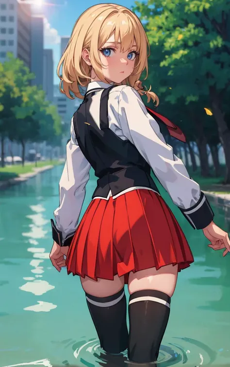 ((masterpiece, best quality)), insaneres, absurdres, solo, outdoors,
CLOTHING_BibleBlack_SchoolDress_ownwaifu,
1girl, blonde hair, long hair, blue eyes,
black vest, red skirt, white shirt, collared shirt, suspenders, school uniform, black thighhighs, zettai ryouiki, necktie, long sleeves, pleated skirt, red necktie,
(wading, looking back), water,<lora:CLOTHING_BibleBlack_SchoolDress_ownwaifu:0.75>,
lens flare, depth of field, bokeh, embers, vanishing point, looking at viewer,
