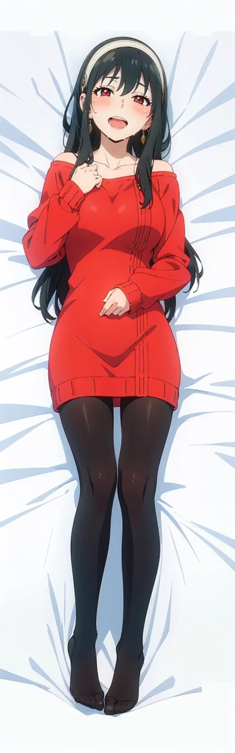 (masterpiece, best quality), (illustration) , (beautiful detailed eyes) ,anime screencap , official art , highres ,
<lora:RedYor:0.6> ,
pikkyyor ,1girl, solo, large breasts , hairband, black hair, sidelocks, bangs, long hair, short hair with long locks, red eyes, breasts, earrings,
pantyhose, sweater, red sweater, sweater dress, black pantyhose, dress, jewelry, off shoulder, collarbone, off-shoulder sweater, long sleeves ,
<lora:boldline:-0.9> ,
(smile:0.8),(blush:1.0), (cry:0.95), (half closed eyes open:0.95) , (open mouth:1.00) , (tongue out:0.5) , (saliva:0.75), (wet:0.8) ,
(dakimakura:0.6) , girl lying on back , looking up at viewer,