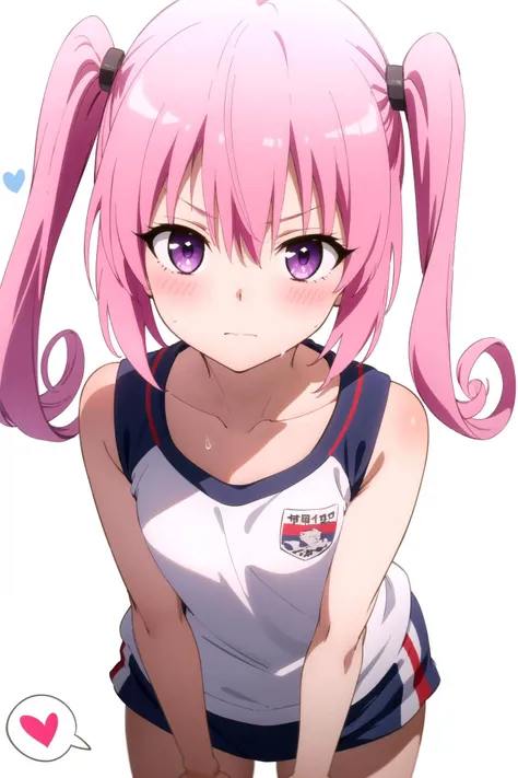 1girl, solo, masterpiece, best quality, 
<lora:nana-loveru:0.8>,
sweat, to love-ru, to love-ru darkness, nana astar deviluke, nana asta deviluke, purple eyes, tsurime, pink hair, medium hair, twintails, gym uniform, gym shirt, white shirt, sleeveless, sleeveless shirt, collarbone, bare arms, flat chest, buruma, bare legs,
cowboy shot, leaning forward, v arms, from above, looking up, looking at viewer,
blush, nose blush, confused, ?,
simple background, white background, heart background, heart, spoken heart