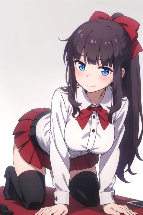 best quality, masterpiece, 1girl, solo,
<lora:takimoto_hifumi_newgame:0.6>,
black ribbon, long sleeves, new game!, takimoto hifumi, takimoto_hifumi_newgame, blue eyes, tsurime, brown hair, long hair, ponytail, blunt bangs, sidelocks, hair bow, red bow, shirt, white shirt, collared shirt, red collar, neck ribbon, collarbone, large breasts, skirt, red skirt, pleated skirt, thighhighs, black thighhighs, thick thighs, shoes,
all fours, looking at viewer, breasts,
blush, light smile, profile,
simple background, white background