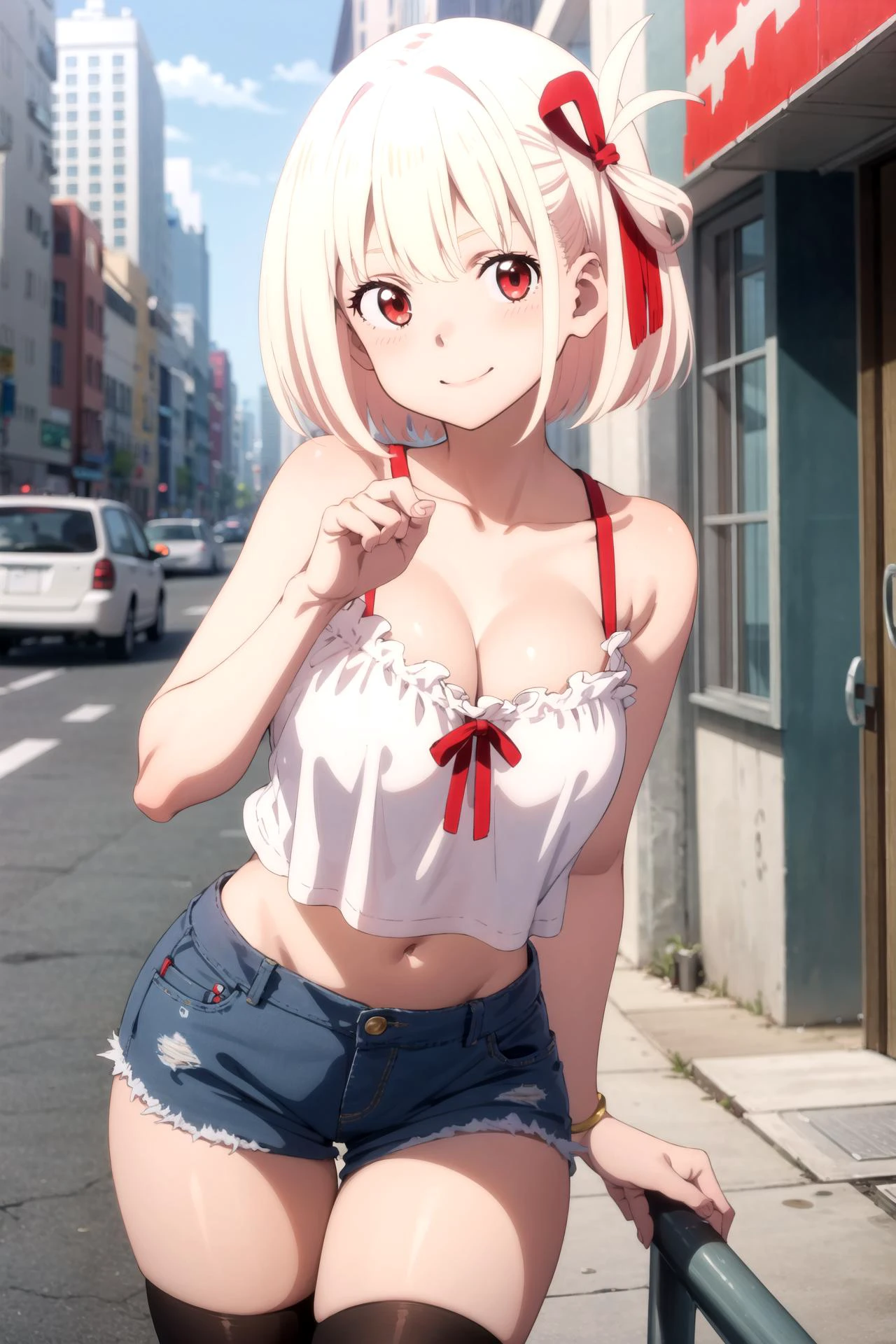 1girl, solo, masterpiece, best quality,
<lora:chisato-lycoreco-01:0.8>,
lycoris recoil, nishikigi chisato, chisato nishikigi, red eyes, blonde hair, short hair, bob cut, hair ribbon, camisole, (yellow camisole:1.2), crop top, skindentation, collarbone, bare arms, cleavage, large breasts, midriff, navel, shorts, denim shorts, thighhighs,
cowboy shot, contrapposto, looking at viewer,
blush, seductive smile,
outdoors, city