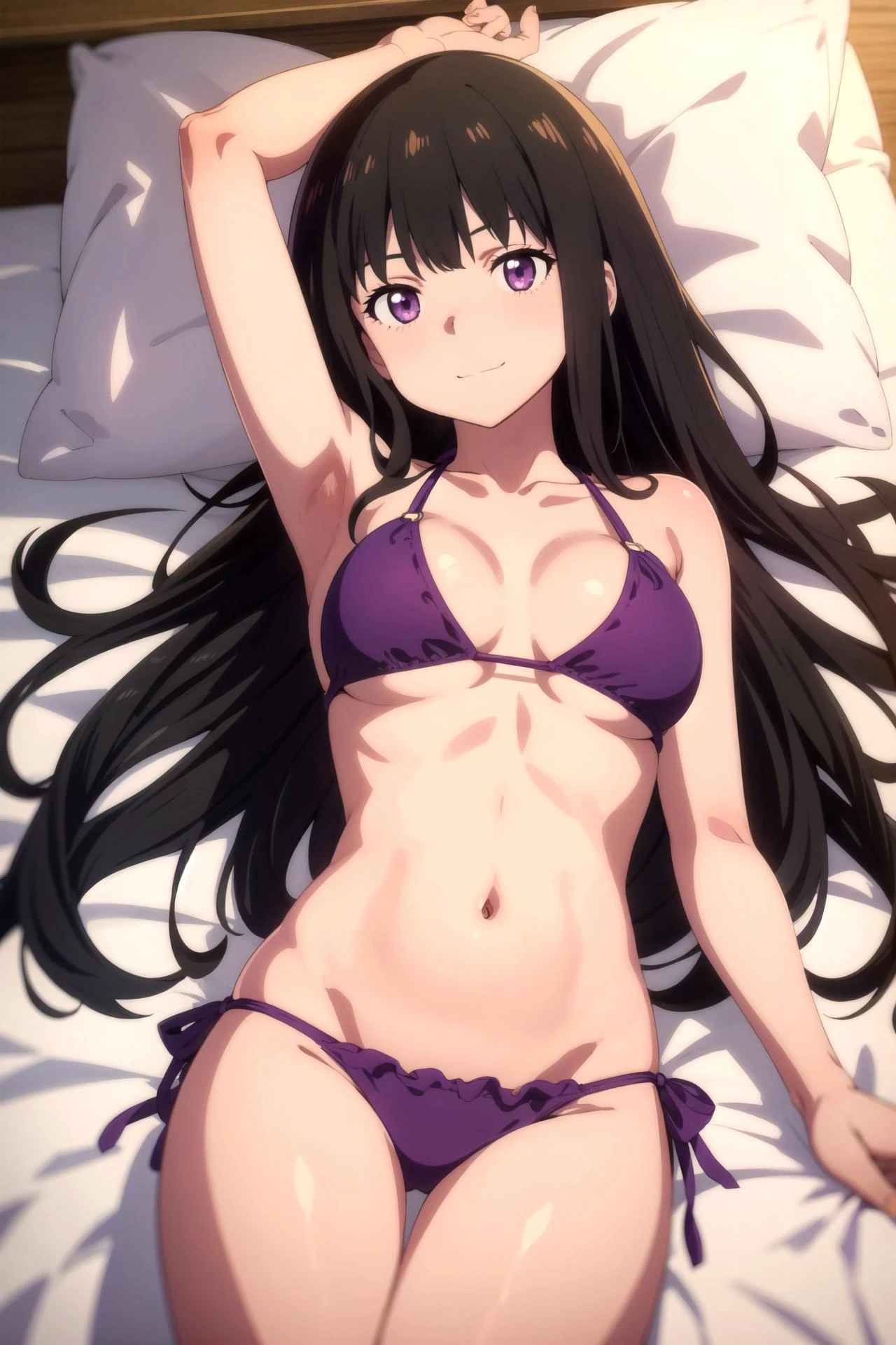1girl, solo, masterpiece, best quality,
<lora:takina-lycoreco-01:0.8>,
lycoris recoil, inoue takina, takina inoue, purple eyes, tsurime, black hair, long hair, straight hair, sidelocks, bikini, skindentation, collarbone, bare arms, cleavage, (purple bikini:1.2), medium breasts,
portrait, lying, looking at viewer, on back, on bed,
blush, light smile,
bed sheet, pillow