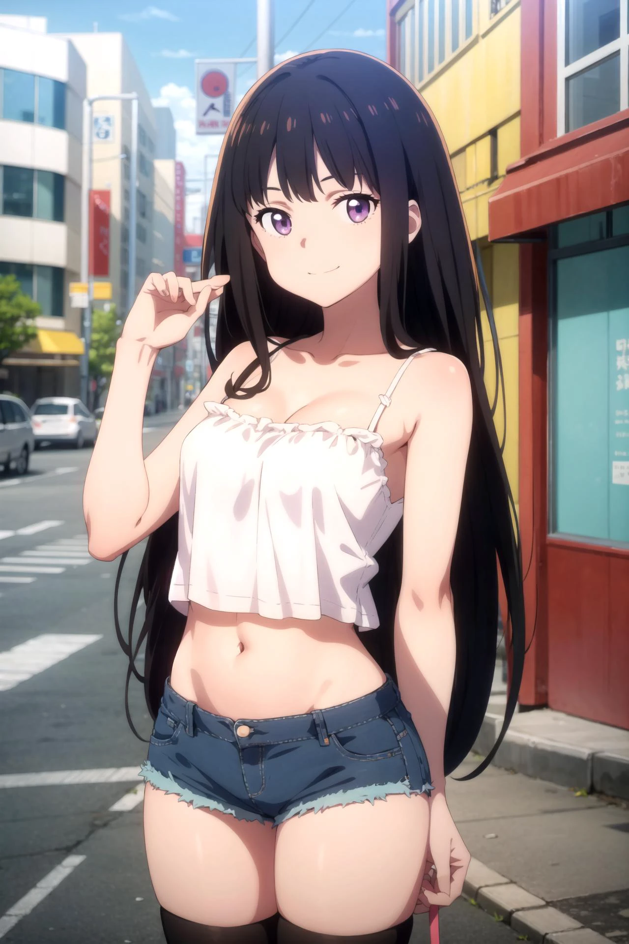 1girl, solo, masterpiece, best quality,
<lora:takina-lycoreco-01:0.8>,
lycoris recoil, inoue takina, takina inoue, purple eyes, tsurime, black hair, long hair, straight hair, sidelocks, camisole, (aqua camisole:1.2), crop top, skindentation, collarbone, bare arms, cleavage, medium breasts, midriff, navel, shorts, denim shorts, thighhighs,
cowboy shot, contrapposto, looking at viewer,
blush, light smile,
outdoors, city