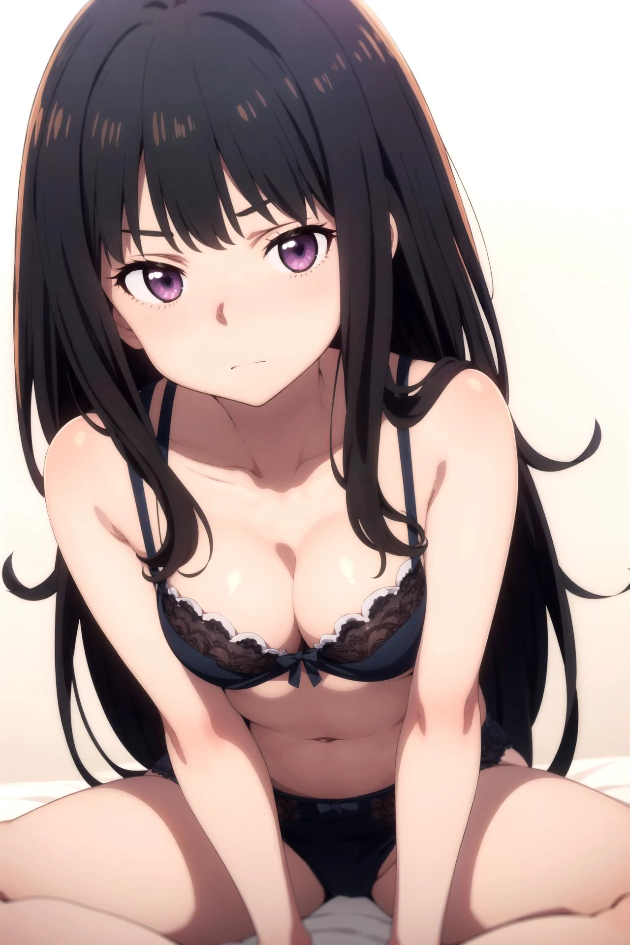 1girl, solo, masterpiece, best quality,
<lora:takina-lycoreco-01:0.8>,
lycoris recoil, inoue takina, takina inoue, purple eyes, tsurime, black hair, long hair, straight hair, sidelocks, underwear, underwear only, bra, lingerie, collarbone, bare shoulders, bare arms, cleavage, medium breasts, panties, bare legs,
sitting, spread legs, looking at viewer,
,
blush, nose blush, flustered,
simple background, white background, heart background