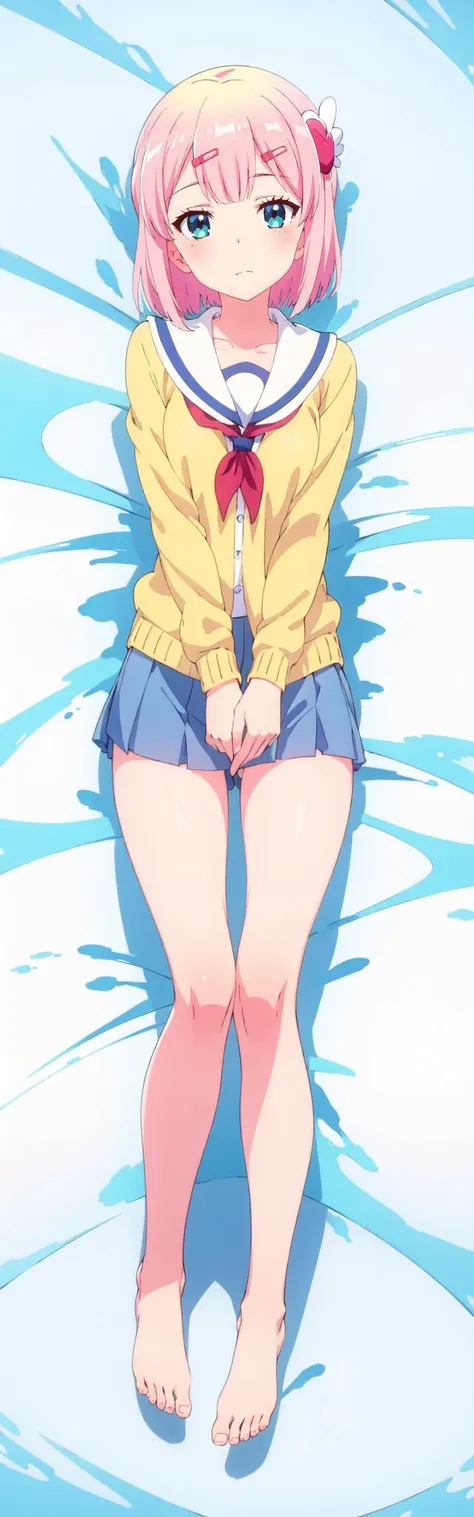 (masterpiece, best quality), (illustration) , (beautiful detailed eyes) ,anime screencap , official art , highres ,
<lora:momo-machimazo:0.8> ,
momo chiyoda , 1girl, solo,medium breasts,
( school uniform, jacket,:1.1 ), blue skirt ,
barefoot ,
<lora:boldline:-0.6> ,
(smile:0.4),(blush:0.50), (closed mouth:0.75) , (half closed eyes open:0.995) ,
(dakimakura:0.6) , girl lying on back , looking up at viewer,