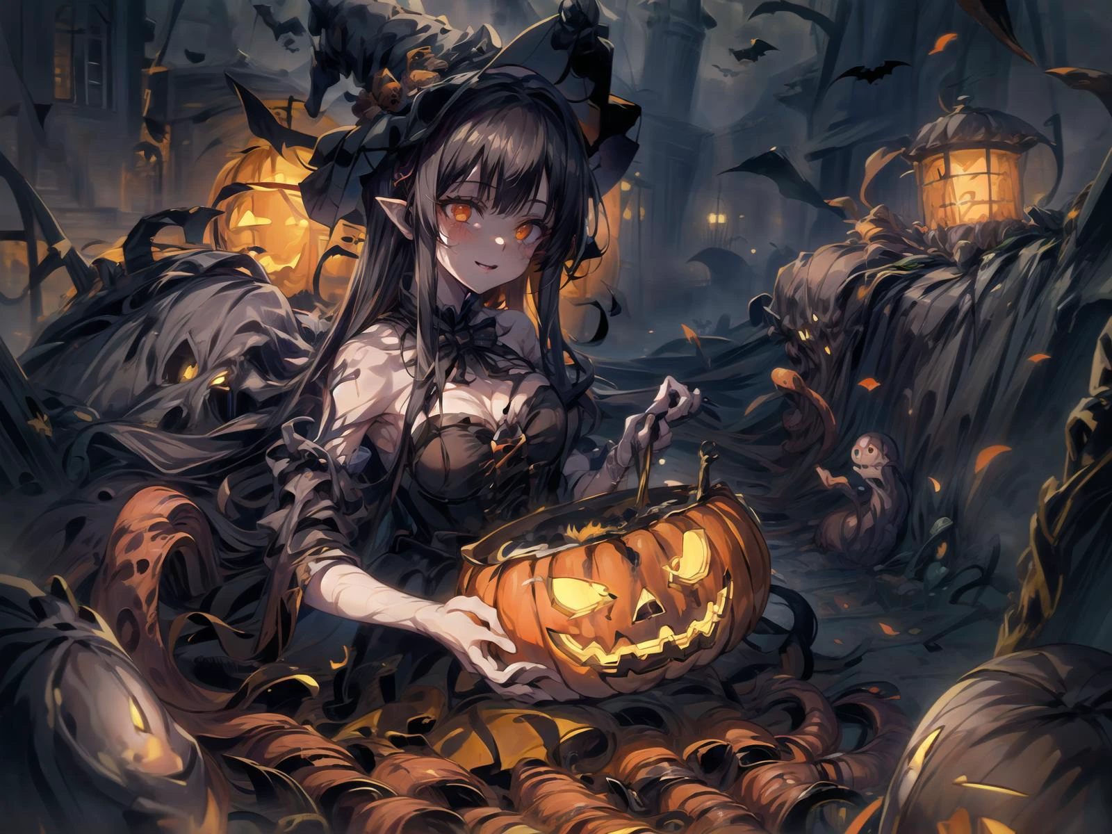 (super fine illustraiton:1.2),,best quality,ultra detailed, 8k,professional illustraiton,radiosity,, physically-based rendering,1girl,anime style,,(solo girl:1.2),
<lora:Halloween:0.8>halloween costume, jack-o'-lantern bucket, halloween,witch,
<lora:cthulhuV1_v10:0.9>,cthulhu,monster girl,fallen,evil smile,tentacles,dark theme,large pot
<lora:more_details:0.6>
<lora:Hyper-SD15-12steps-CFG-lora:0.8>