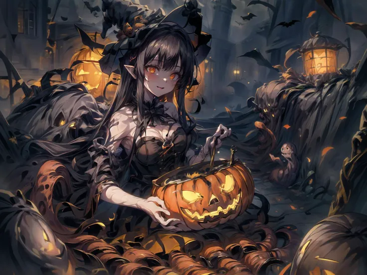 (super fine illustraiton:1.2),,best quality,ultra detailed, 8k,professional illustraiton,radiosity,, physically-based rendering,1girl,anime style,,(solo girl:1.2),
 <lora:Halloween:0.8>halloween costume, jack-o'-lantern bucket, halloween,witch,
<lora:cthulhuV1_v10:0.9>,cthulhu,monster girl,fallen,evil smile,tentacles,dark theme,large pot
<lora:more_details:0.6>
<lora:Hyper-SD15-12steps-CFG-lora:0.8>