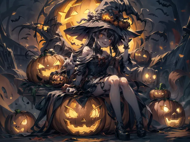 (super fine illustraiton:1.2),,best quality,ultra detailed, 8k,professional illustraiton,radiosity,, physically-based rendering,1girl,anime style,,(solo girl:1.2),
 <lora:Halloween:0.8>halloween costume, jack-o'-lantern bucket, halloween,witch,witch hat,
<lora:cthulhuV1_v10:0.7>,cthulhu,monster girl,fallen,evil smile,,dark theme,sitting on pumpkin
<lora:more_details:0.6>
<lora:Hyper-SD15-12steps-CFG-lora:0.8>