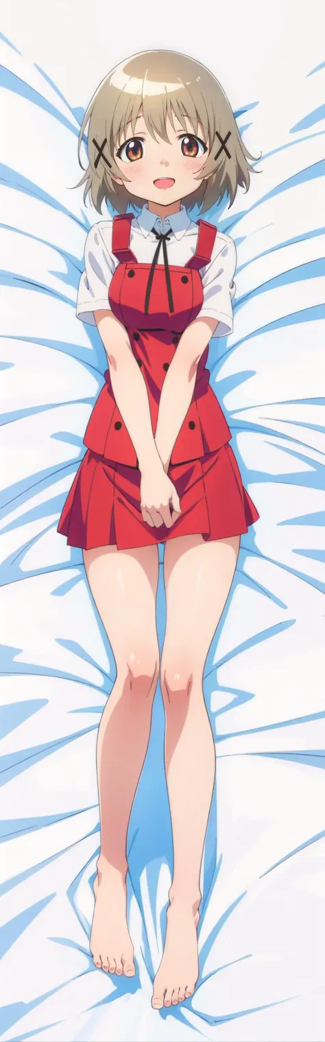 (masterpiece, best quality), (illustration) , (beautiful detailed eyes) ,anime screencap , official art , highres ,
<lora:yuno-hidamarisketch-01:0.8> ,
yuno , 1girl, solo,medium breasts,
school uniform,
barefoot ,
<lora:boldline:-0.6> ,
(smile:0.8),(blush:0.50), (open mouth:0.75) ,
(dakimakura:0.6) , girl lying on back , looking up at viewer,