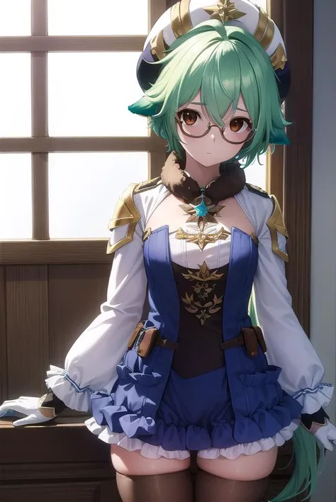 sucrose, <lora:sucrose-lora-nochekaiser:1>,
sucrose, ahoge, animal ears, (brown eyes:1.5), glasses, gradient hair, hair between eyes, messy hair, multicolored hair, semi-rimless eyewear, short hair, green hair,
BREAK frills, fur collar, gem, gloves, green thighhighs, long sleeves, thighhighs, white headwear, zettai ryouiki, skirt, blue skirt,
BREAK indoors, laboratory,
BREAK looking at viewer, (cowboy shot:1.5),
BREAK <lyco:GoodHands-beta2:1>, (masterpiece:1.2), best quality, high resolution, unity 8k wallpaper, (illustration:0.8), (beautiful detailed eyes:1.6), extremely detailed face, perfect lighting, extremely detailed CG, (perfect hands, perfect anatomy),