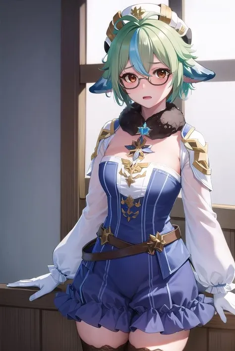 sucrose \(genshin impact\), semi-rimless eyewear, adjusting eyewear, cowboy shot, shy,
(masterpiece, best quality, ultra-detailed), (beautiful detailed face, beautiful detailed eyes, volumetric lighting),
1girl, solo, (dutch angle:1.3), beret, 
mksks style, (beautiful detailed tundra, midnight :1.2), (light particles, lens flare, chromatic aberration:1.3),