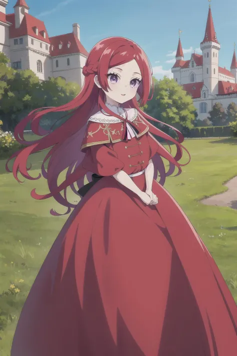 <lora:PrydeV1.4.1:.6>, masterpiece, best quality, pryde, 1girl, solo, purple eyes, red hair, long hair, braid, dress, red dress, ribbon, outdoors, castle, scenic,