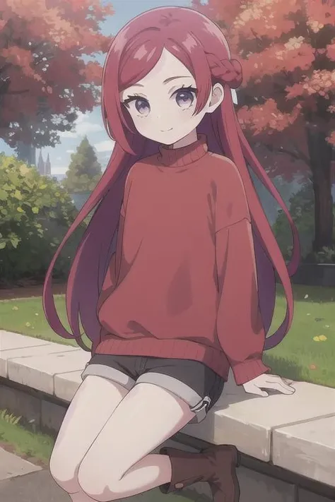 <lora:PrydeV1.4.1:.6>, masterpiece, best quality, pryde, 1girl, solo, purple eyes, red hair, long hair, sweater, shorts, boots, outdoors, park,