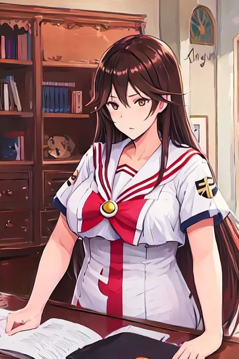 akiraf, long hair,brown hair,uniform,large breasts,sailor collar, brown eyes