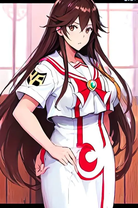 akiraf, long hair,brown hair,uniform,large breasts,sailor collar, brown eyes