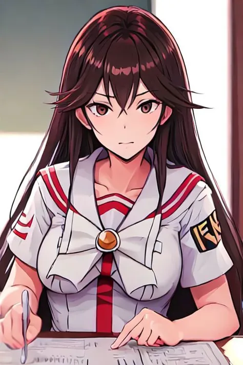 akiraf, long hair,brown hair,uniform,large breasts,sailor collar, brown eyes