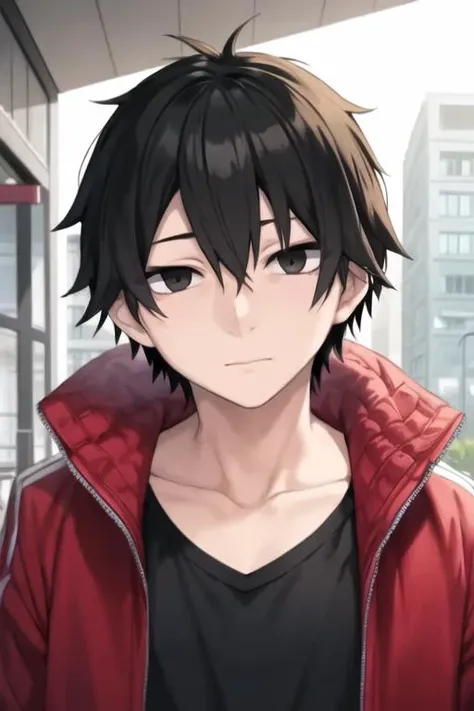masterpiece, best quality, high quality, 1boy, solo, male focus, looking at viewer, upper body, <lora:shintarou_kisaragi:0.66>, shintarou_kisaragi, black hair, black eyes, hair between eyes, jacket