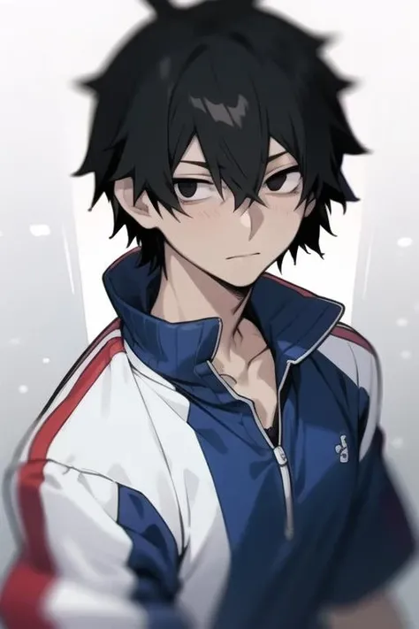 masterpiece, best quality, high quality, 1boy, solo, male focus, looking at viewer, upper body, <lora:shintarou_kisaragi:0.78>, shintarou_kisaragi, black hair, black eyes, hair between eyes, sportswear