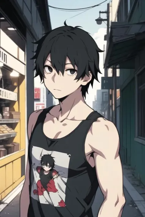 masterpiece, best quality, high quality, 1boy, solo, male focus, looking at viewer, upper body, <lora:shintarou_kisaragi:0.74>, shintarou_kisaragi, black hair, black eyes, hair between eyes, tank top