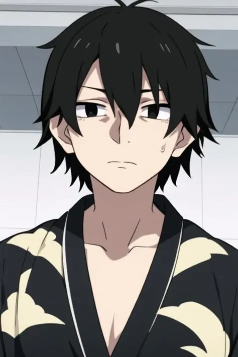 masterpiece, best quality, high quality, 1boy, solo, male focus, looking at viewer, upper body, <lora:shintarou_kisaragi:0.74>, shintarou_kisaragi, black hair, black eyes, hair between eyes, yukata
