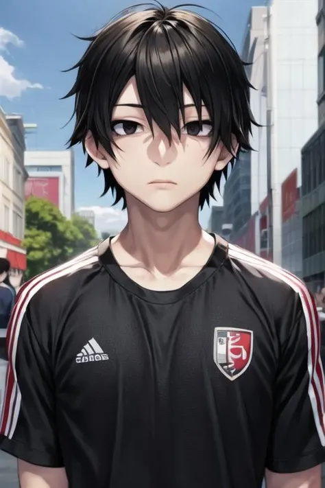 masterpiece, best quality, high quality, 1boy, solo, male focus, looking at viewer, upper body, <lora:shintarou_kisaragi:0.68>, shintarou_kisaragi, black hair, black eyes, hair between eyes, sportswear
