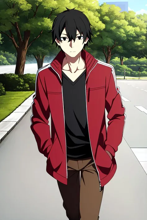 masterpiece, best quality, shintarou_kisaragi, 1boy, solo, standing, upper body, portrait, straight-on, (walking), black hair, black eyes, expressionless, closed mouth, red jacket, (black v-neck), brown pants, hands in pockets, park, tree,