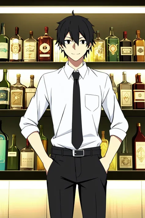 masterpiece, best quality, shintarou_kisaragi, 1boy, solo, standing, upper body, straight-on, black hair, black eyes, light smile, closed mouth, dress shirt, sleeves rolled up, black pants, belt, hands in pockets, loose necktie, bar, alcohol,