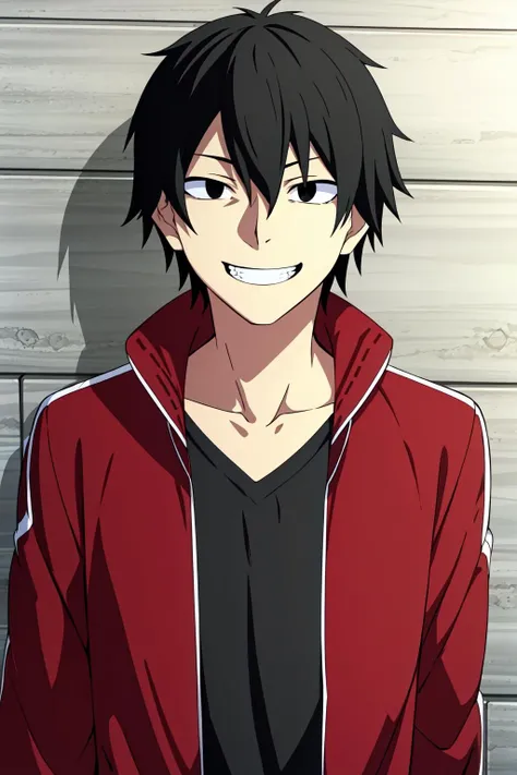 masterpiece, best quality, shintarou_kisaragi, 1boy, solo, standing, upper body, portrait, against wall, brick wall, straight-on, black hair, black eyes, grin, red jacket, (v-neck),